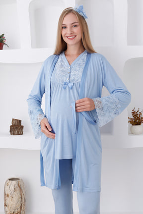 Lace Sleeve and Collar 3-Piece Maternity-Nursing Pajama & Robe Set Blue - 3424