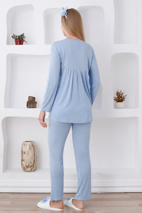 Lace Sleeve and Collar 3-Piece Maternity-Nursing Pajama & Robe Set Blue - 3424