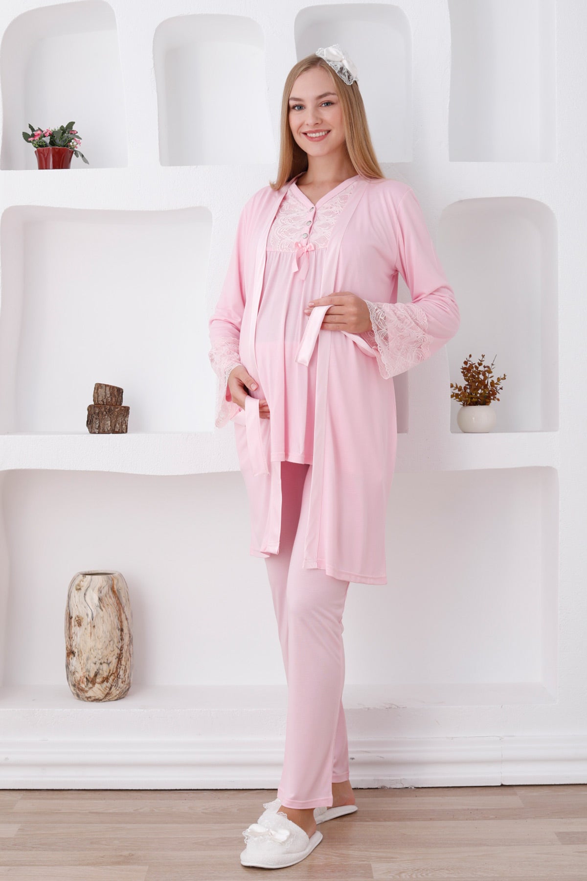 Lace Sleeve and Collar 3-Piece Maternity-Nursing Pajama & Robe Set Pink - 3424