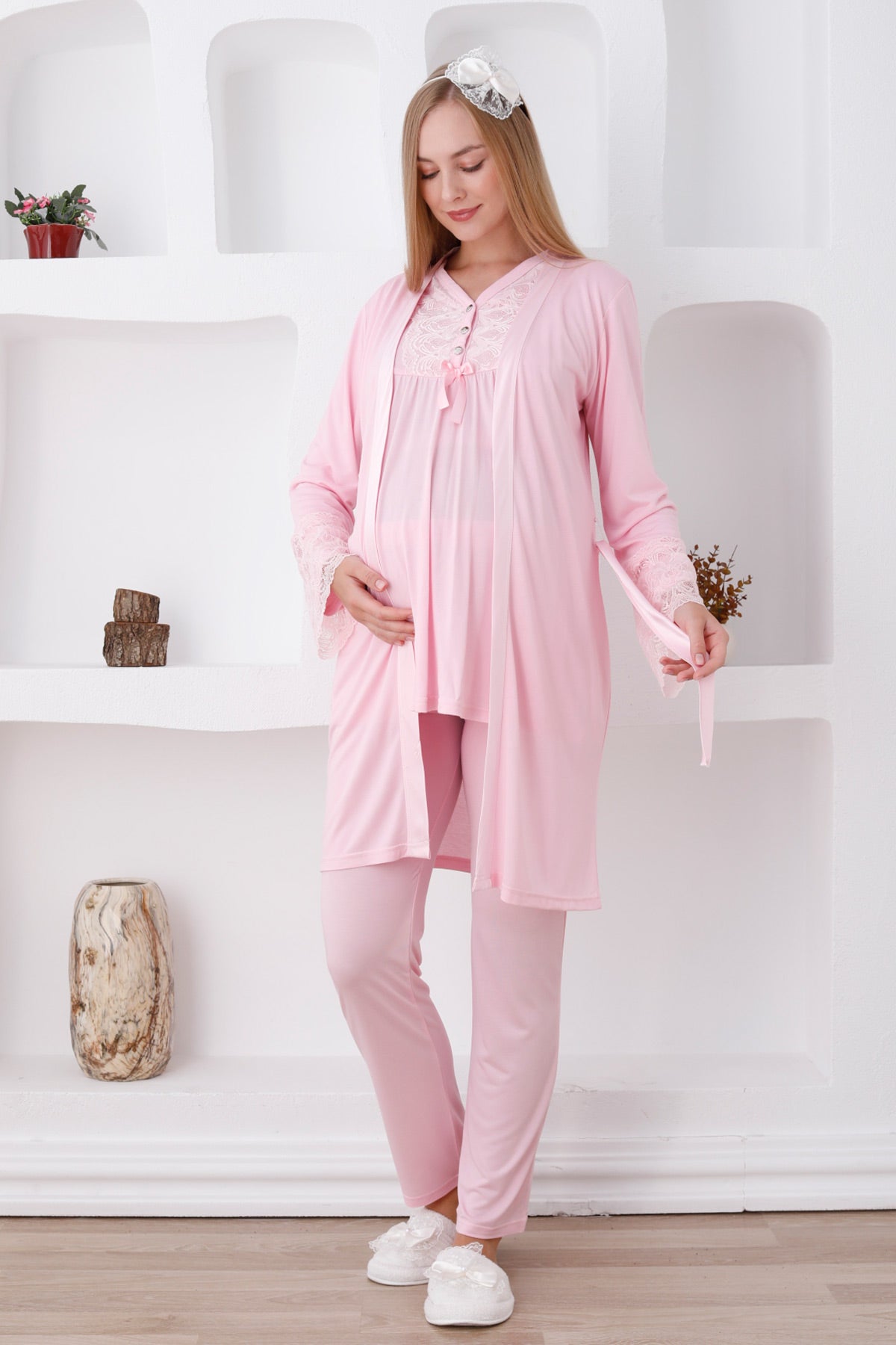 Lace Sleeve and Collar 3-Piece Maternity-Nursing Pajama & Robe Set Pink - 3424