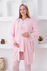 Lace Sleeve and Collar 3-Piece Maternity-Nursing Pajama & Robe Set Pink - 3424