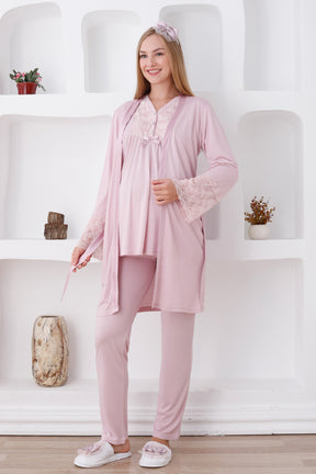 Lace Sleeve and Collar 3-Piece Maternity-Nursing Pajama & Robe Set Powder - 3424