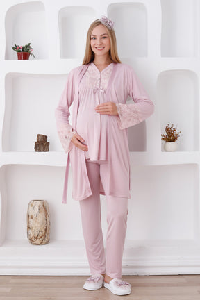 Lace Sleeve and Collar 3-Piece Maternity-Nursing Pajama & Robe Set Powder - 3424