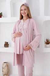 Lace Sleeve and Collar 3-Piece Maternity-Nursing Pajama & Robe Set Powder - 3424