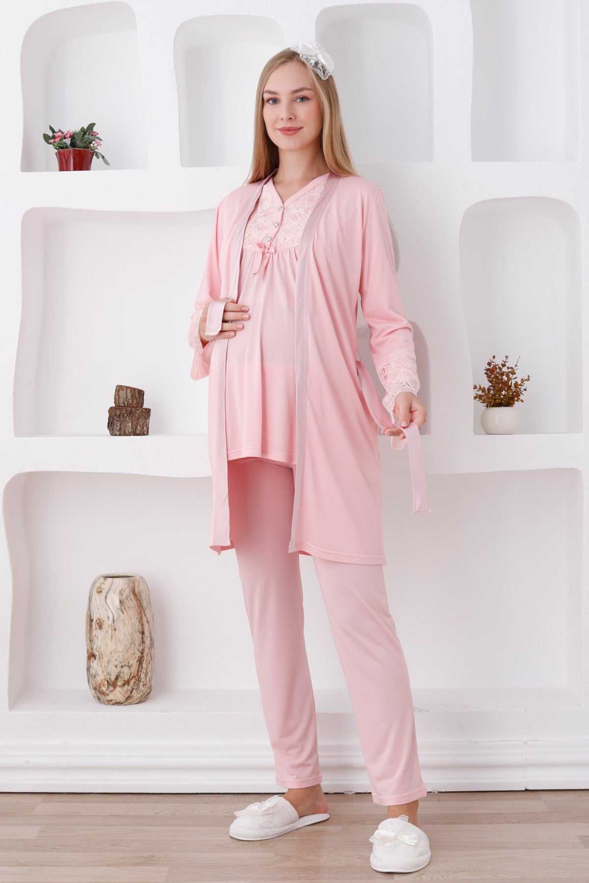 Lace Sleeve and Collar 3-Piece Maternity-Nursing Pajama & Robe Set Salmon - 3424