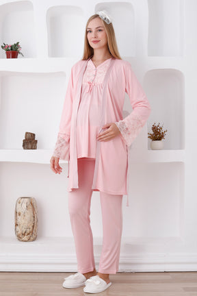 Lace Sleeve and Collar 3-Piece Maternity-Nursing Pajama & Robe Set Salmon - 3424