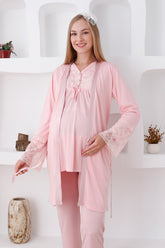 Lace Sleeve and Collar 3-Piece Maternity-Nursing Pajama & Robe Set Salmon - 3424