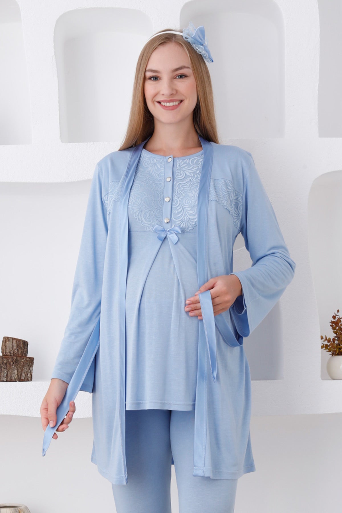 Lace Detailed 3-Piece Maternity-Nursing Pajama & Robe Set Blue - 3425