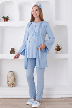 Lace Detailed 3-Piece Maternity-Nursing Pajama & Robe Set Blue - 3425