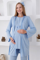 Lace Detailed 3-Piece Maternity-Nursing Pajama & Robe Set Blue - 3425