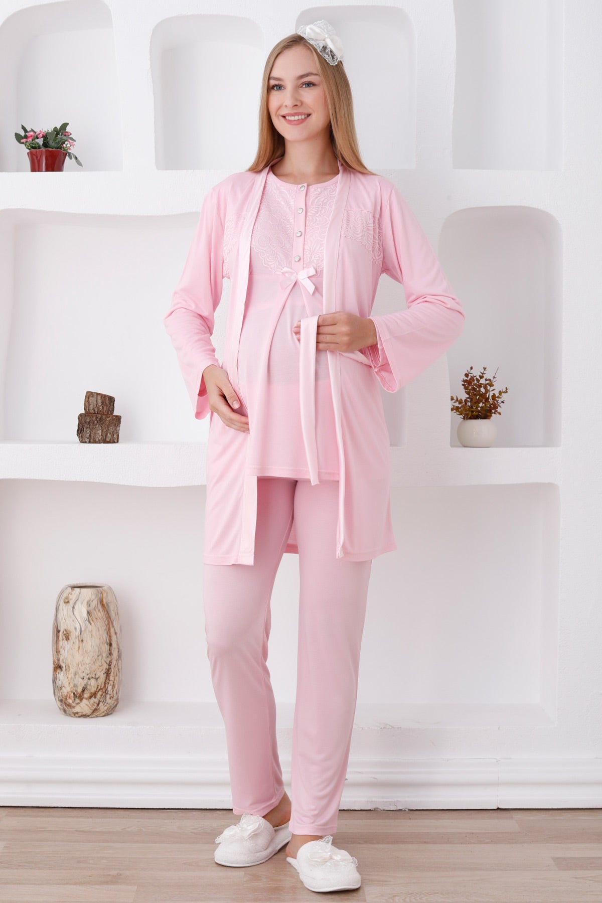 Lace Detailed 3-Piece Maternity-Nursing Pajama & Robe Set Pink - 3425