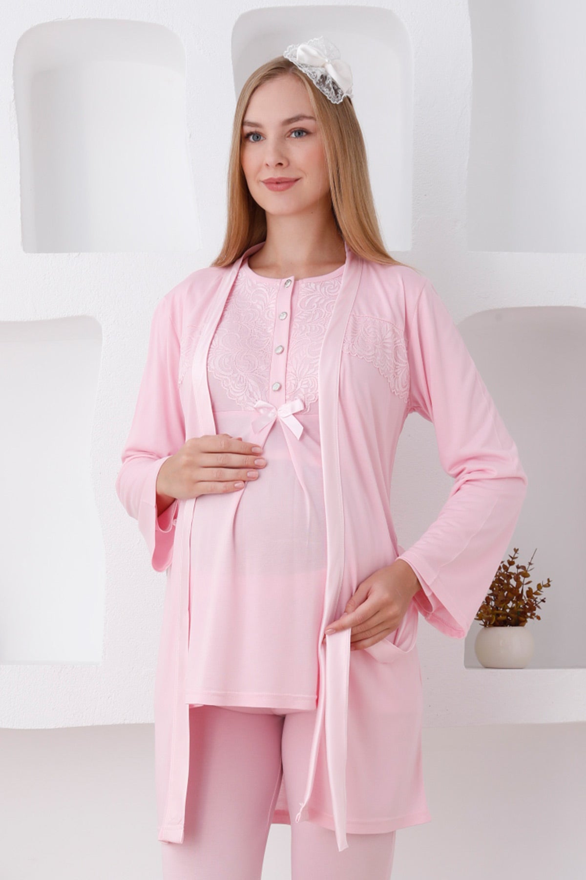 Lace Detailed 3-Piece Maternity-Nursing Pajama & Robe Set Pink - 3425