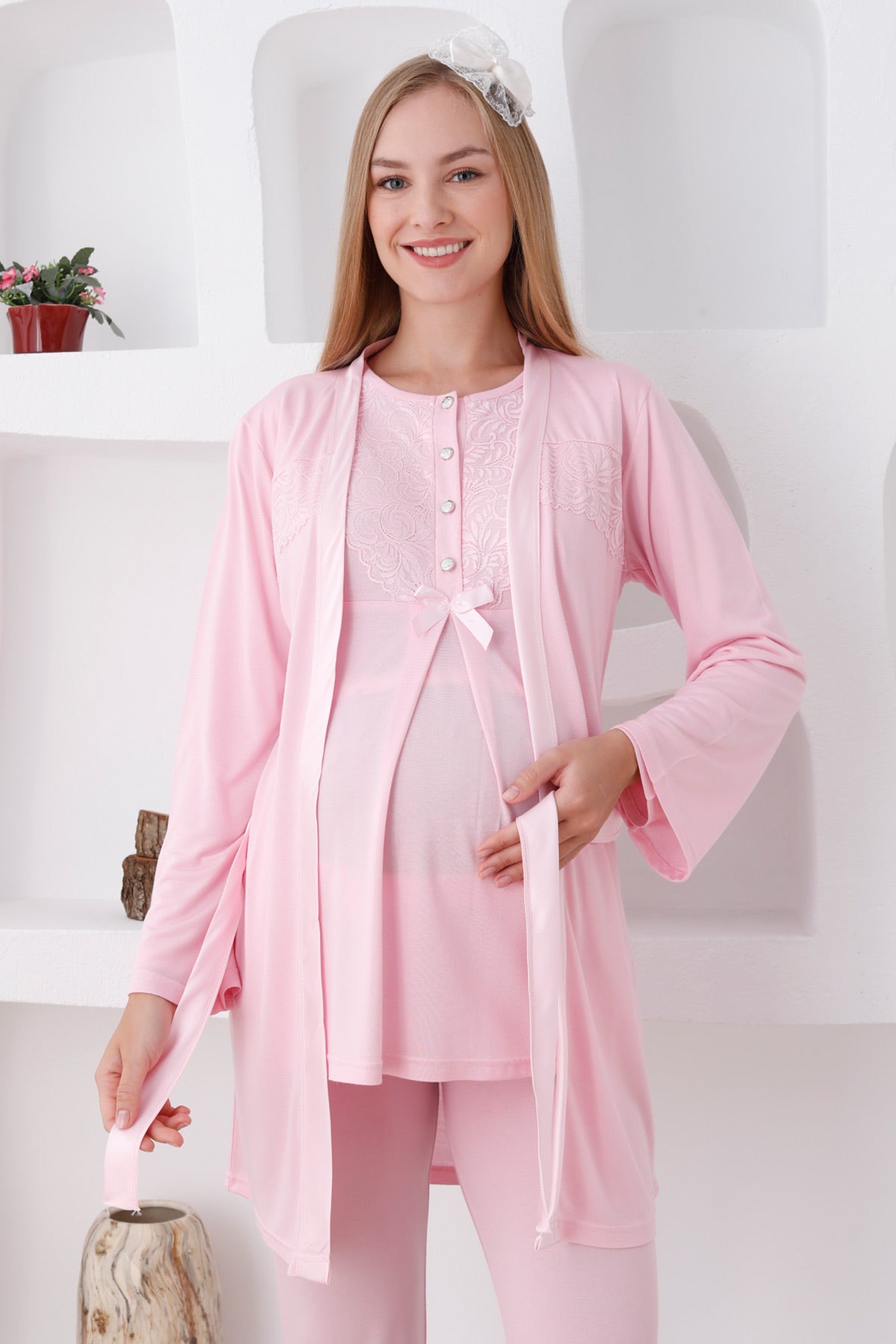 Lace Detailed 3-Piece Maternity-Nursing Pajama & Robe Set Pink - 3425