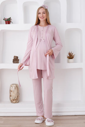 Lace Detailed 3-Piece Maternity-Nursing Pajama & Robe Set Powder - 3425