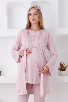 Lace Detailed 3-Piece Maternity-Nursing Pajama & Robe Set Powder - 3425