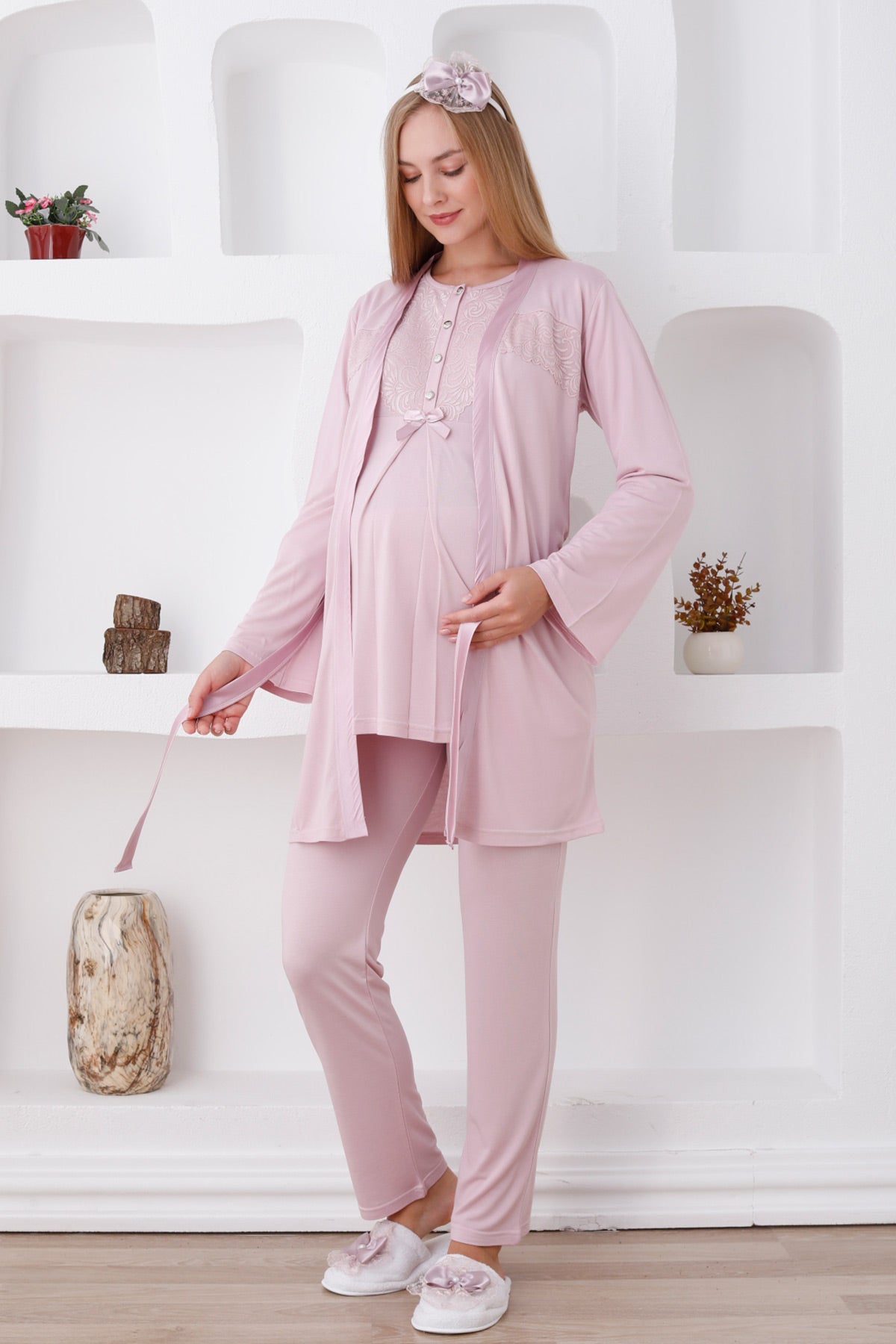 Lace Detailed 3-Piece Maternity-Nursing Pajama & Robe Set Powder - 3425