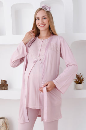 Lace Detailed 3-Piece Maternity-Nursing Pajama & Robe Set Powder - 3425