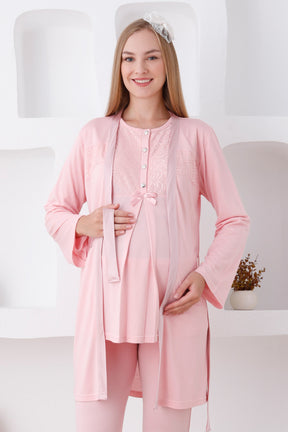 Lace Detailed 3-Piece Maternity-Nursing Pajama & Robe Set Salmon - 3425