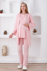 Lace Detailed 3-Piece Maternity-Nursing Pajama & Robe Set Salmon - 3425