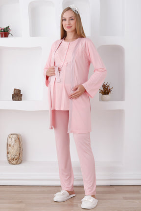 Lace Detailed 3-Piece Maternity-Nursing Pajama & Robe Set Salmon - 3425