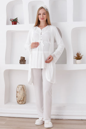 Lace Sleeve 3-Piece Maternity-Nursing Pajama & Robe Set Ecru - 3426