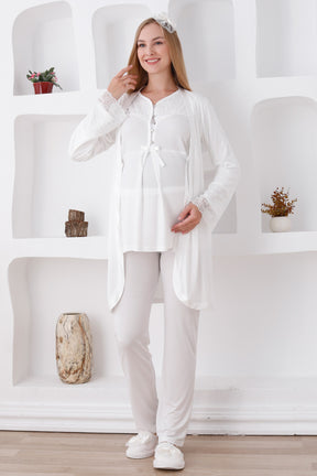 Lace Sleeve 3-Piece Maternity-Nursing Pajama & Robe Set Ecru - 3426