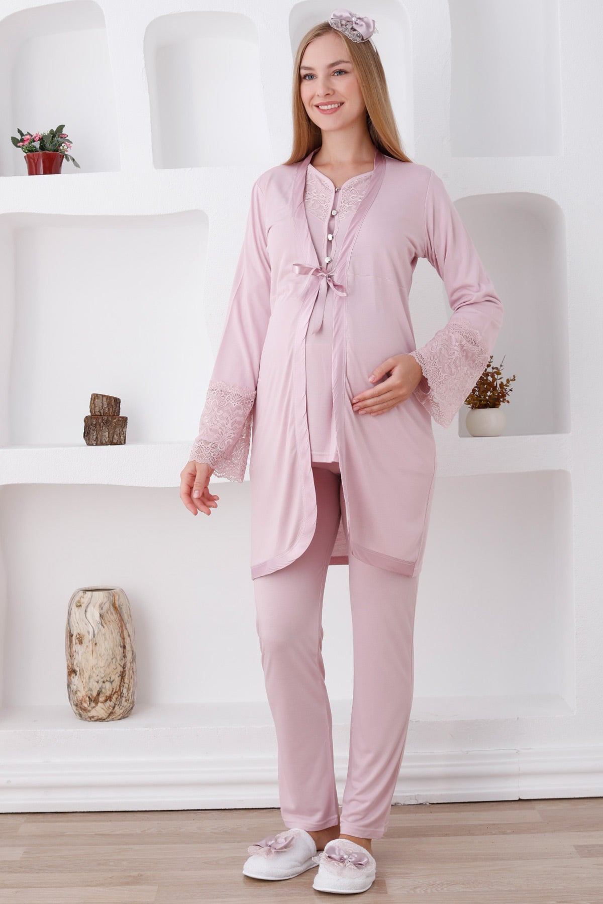 Lace Sleeve 3-Piece Maternity-Nursing Pajama & Robe Set Powder - 3426