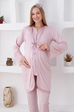 Lace Sleeve 3-Piece Maternity-Nursing Pajama & Robe Set Powder - 3426