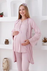 Lace Sleeve 3-Piece Maternity-Nursing Pajama & Robe Set Powder - 3426