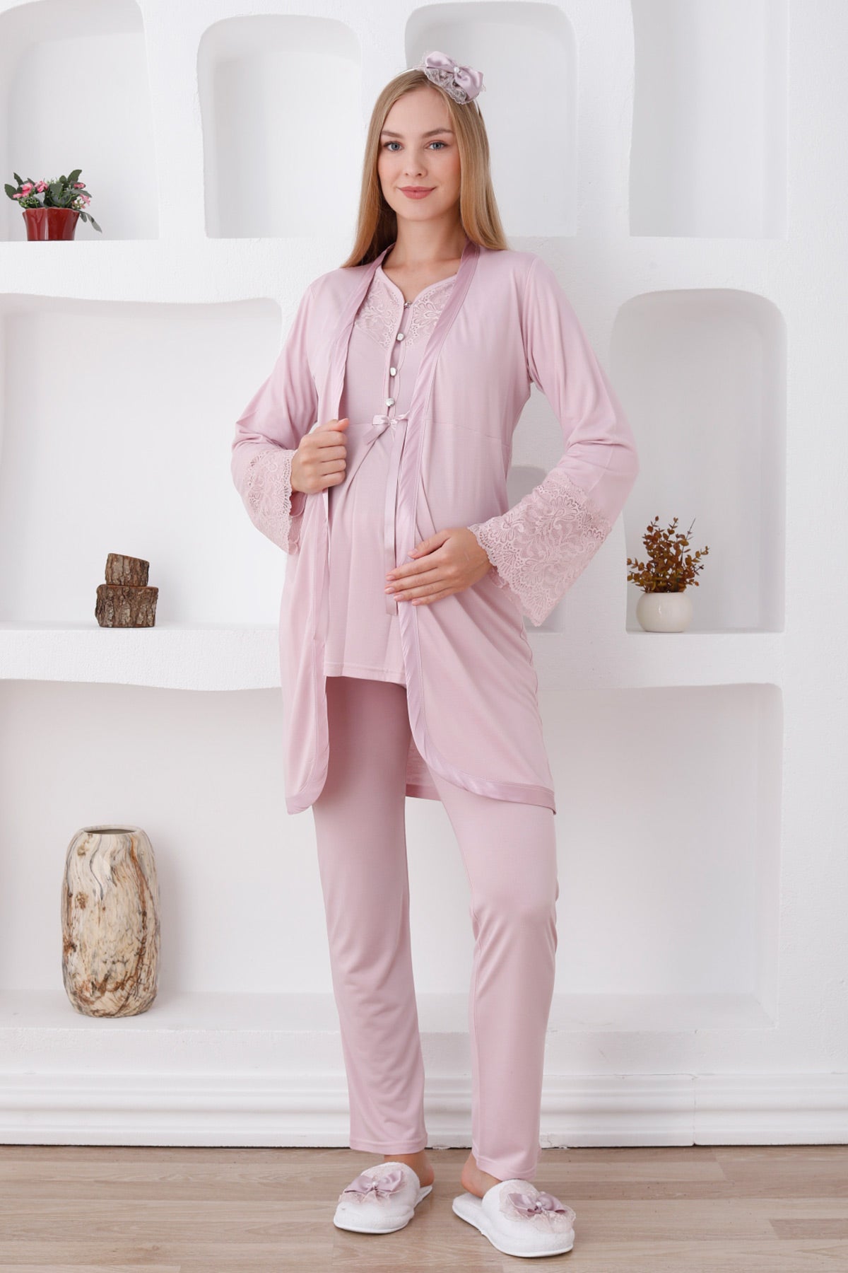 Lace Sleeve 3-Piece Maternity-Nursing Pajama & Robe Set Powder - 3426