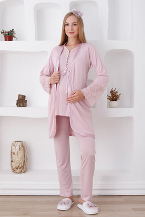 Lace Sleeve 3-Piece Maternity-Nursing Pajama & Robe Set Powder - 3426