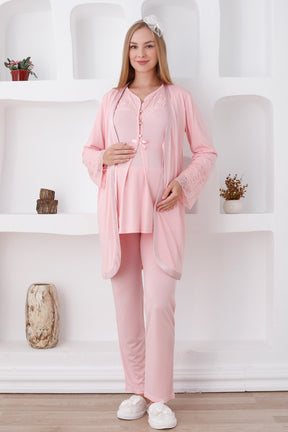 Lace Sleeve 3-Piece Maternity-Nursing Pajama & Robe Set Salmon - 3426