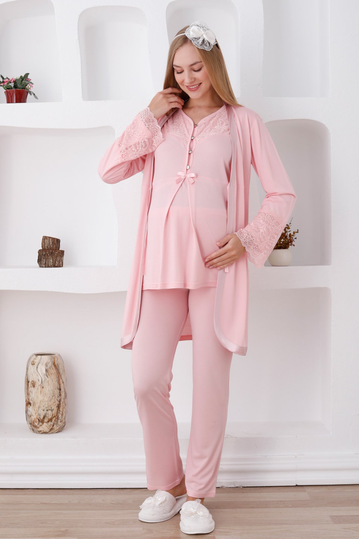 Lace Sleeve 3-Piece Maternity-Nursing Pajama & Robe Set Salmon - 3426