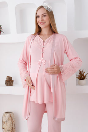 Lace Sleeve 3-Piece Maternity-Nursing Pajama & Robe Set Salmon - 3426