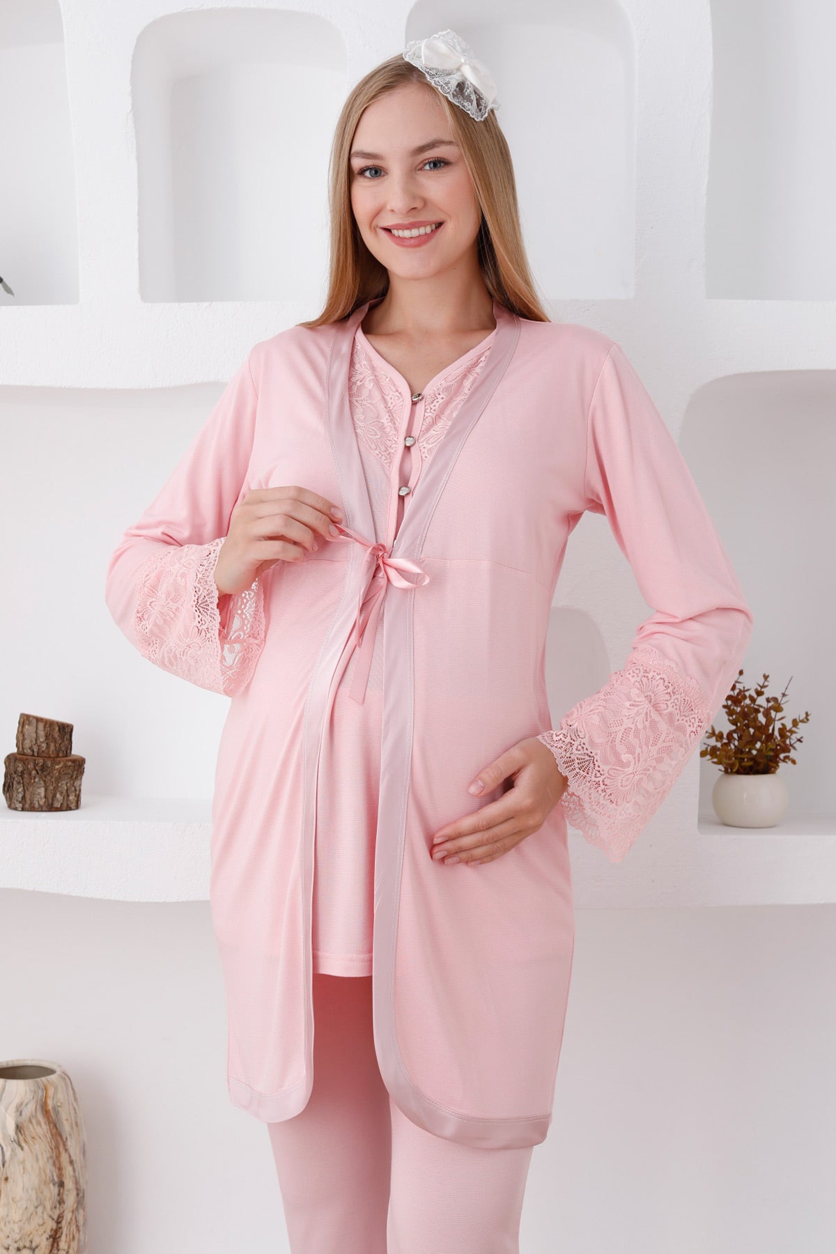 Lace Sleeve 3-Piece Maternity-Nursing Pajama & Robe Set Salmon - 3426