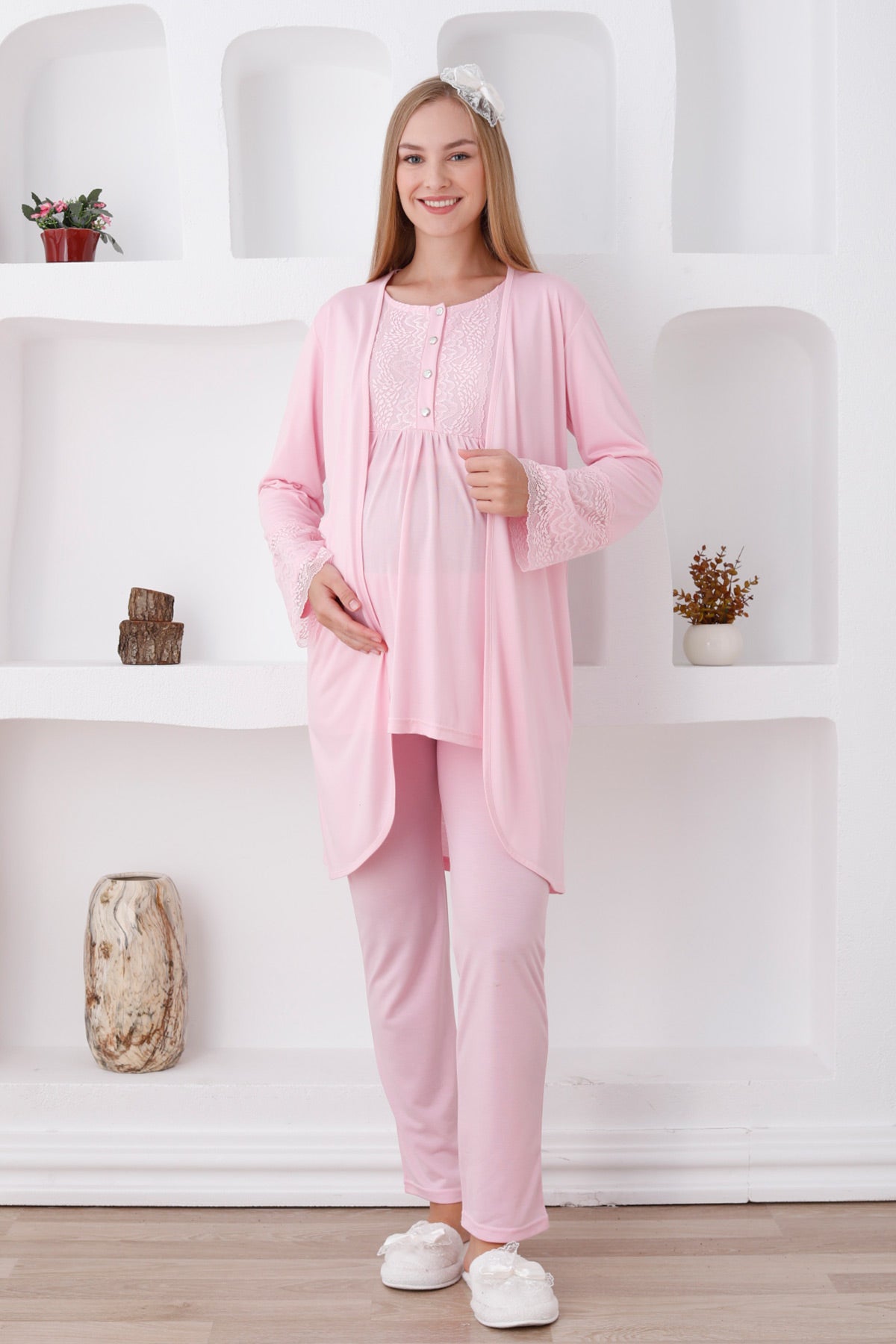 Lace Sleeve 3-Pieces Maternity & Nursing Pajamas With Robe Pink - 3427