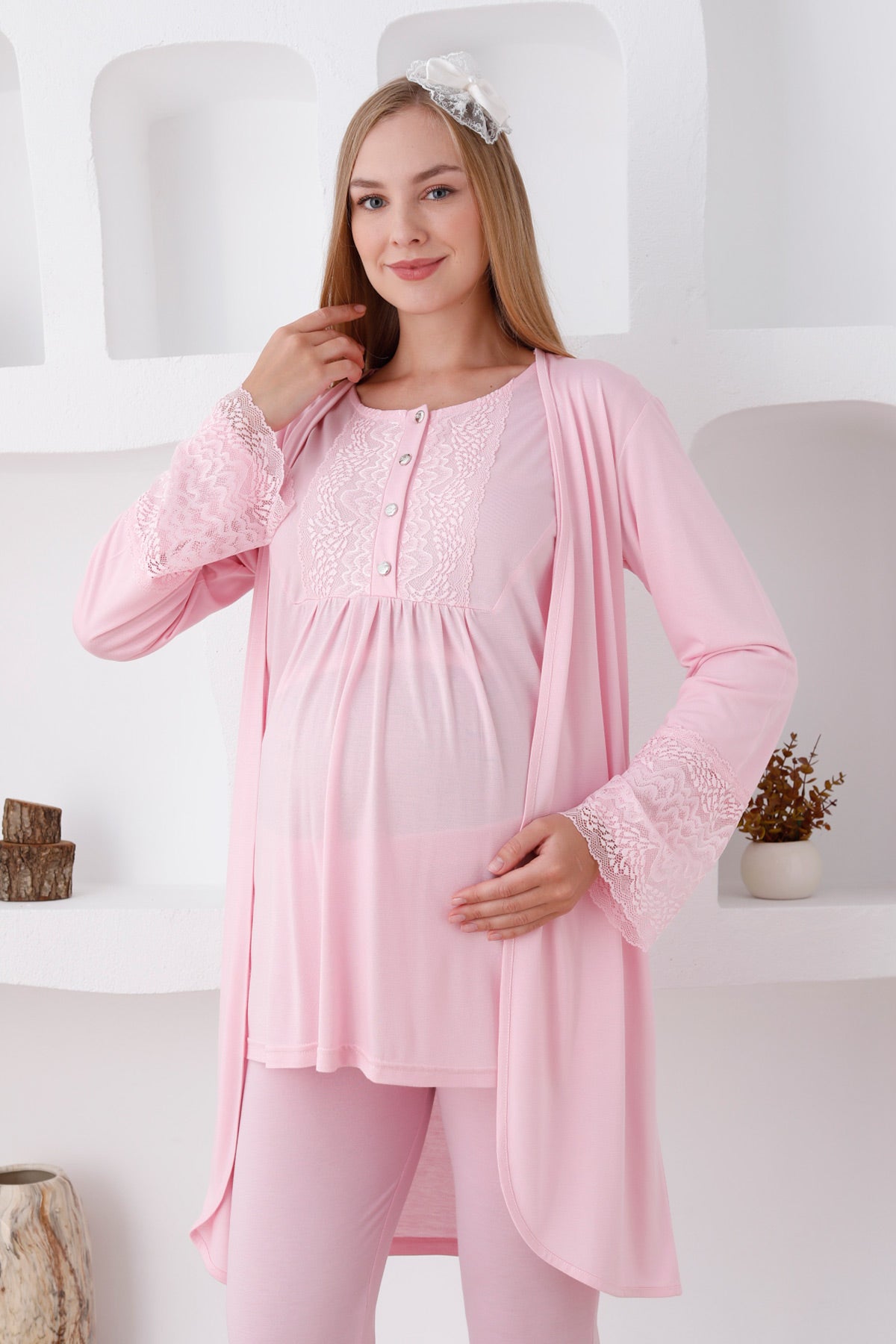 Lace Sleeve 3-Pieces Maternity & Nursing Pajamas With Robe Pink - 3427