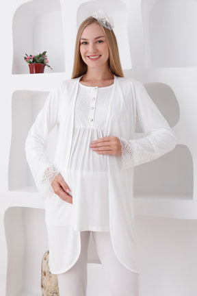 Lace Sleeve 3-Pieces Maternity & Nursing Pajamas With Robe Ecru - 3427