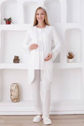 Lace Sleeve 3-Pieces Maternity & Nursing Pajamas With Robe Ecru - 3427