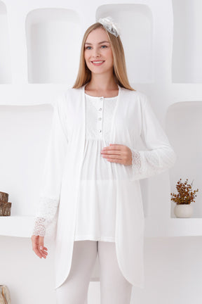 Lace Sleeve 3-Pieces Maternity & Nursing Pajamas With Robe Ecru - 3427