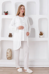 Lace Sleeve 3-Pieces Maternity & Nursing Pajamas With Robe Ecru - 3427