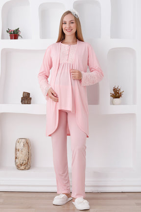 Lace Sleeve 3-Pieces Maternity & Nursing Pajamas With Robe Salmon - 3427