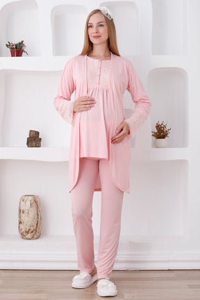 Lace Sleeve 3-Pieces Maternity & Nursing Pajamas With Robe Salmon - 3427