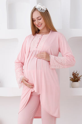 Lace Sleeve 3-Pieces Maternity & Nursing Pajamas With Robe Salmon - 3427