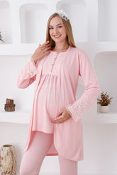 Lace Sleeve 3-Pieces Maternity & Nursing Pajamas With Robe Salmon - 3427