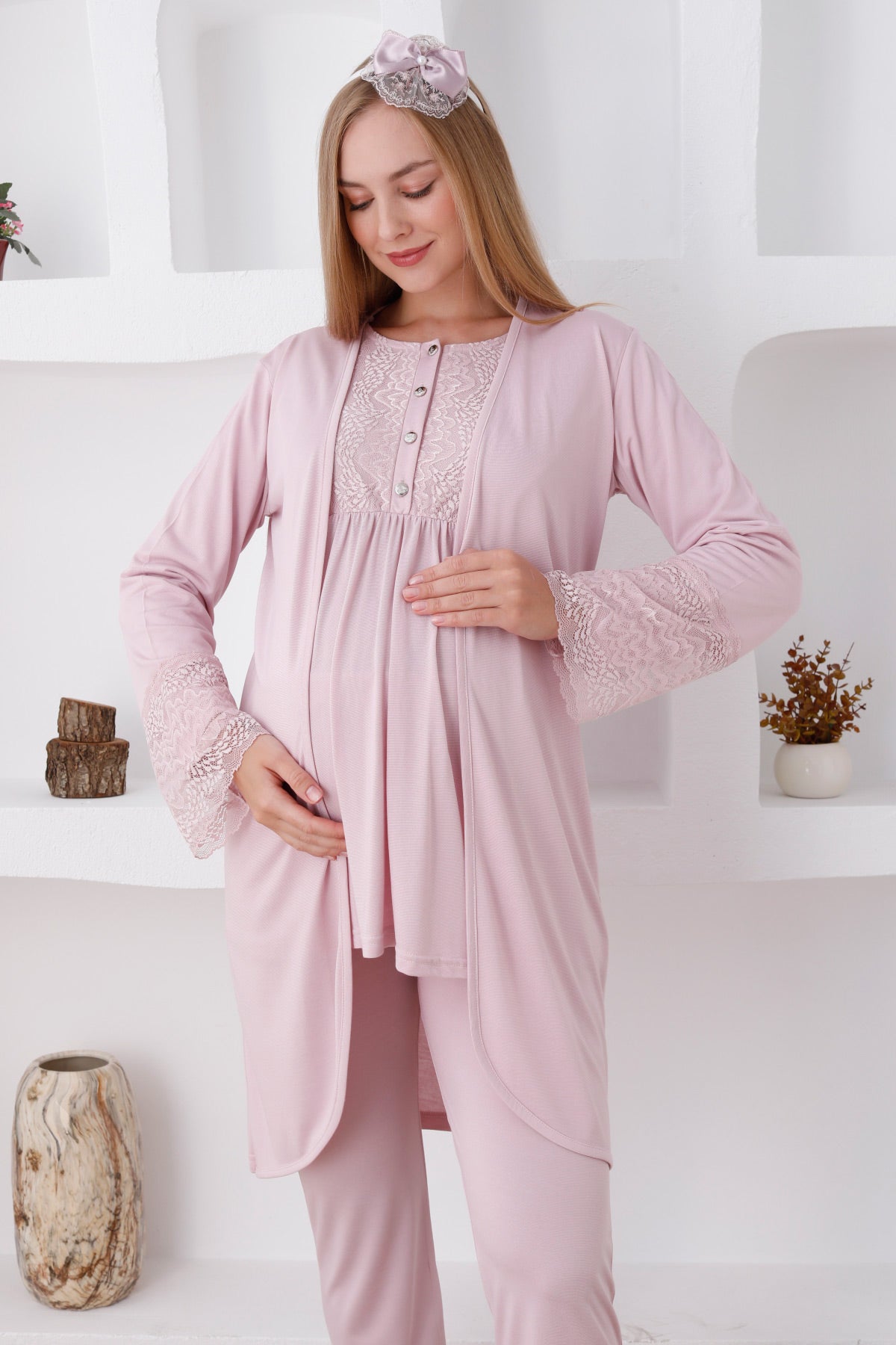 Lace Sleeve 3-Pieces Maternity & Nursing Pajamas With Robe Powder - 3427