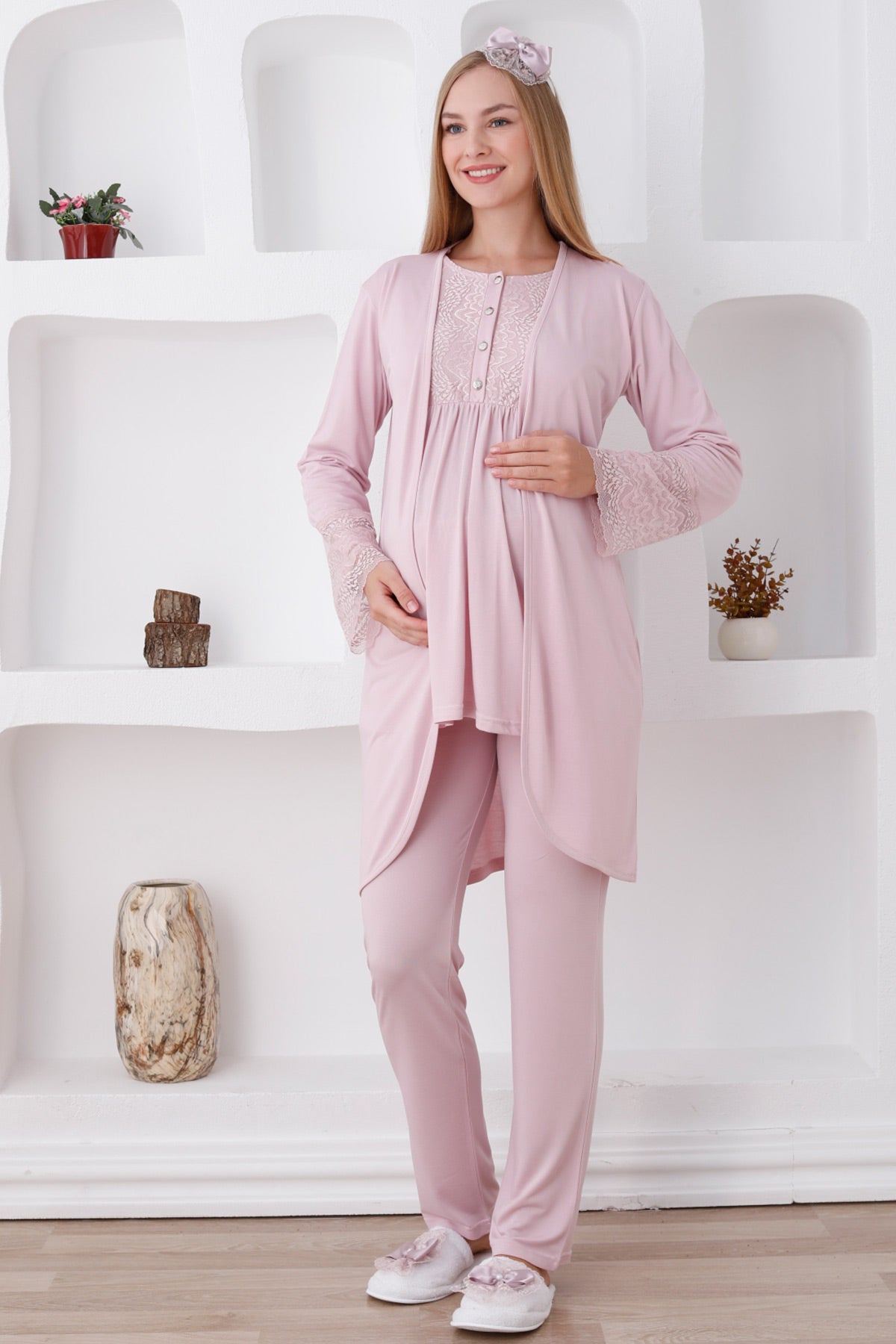 Lace Sleeve 3-Pieces Maternity & Nursing Pajamas With Robe Powder - 3427