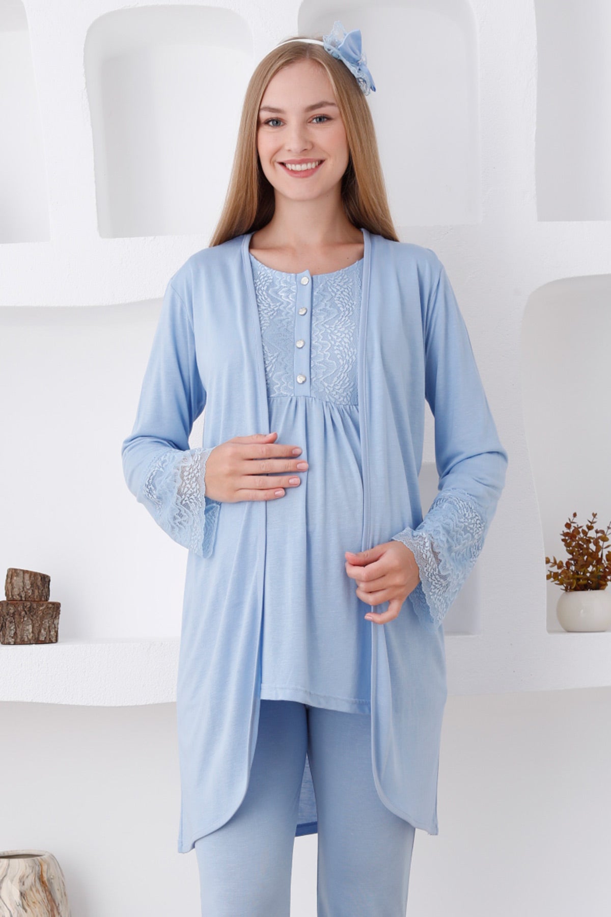 Lace Sleeve 3-Pieces Maternity & Nursing Pajamas With Robe Blue - 3427