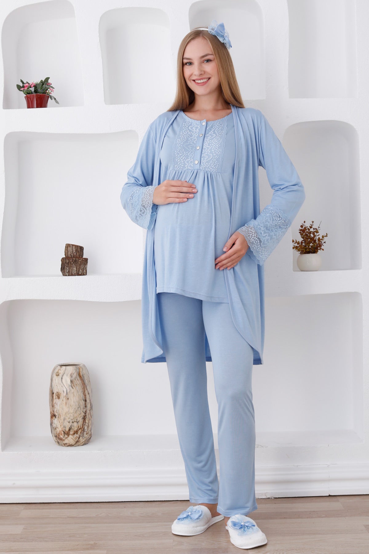 Lace Sleeve 3-Pieces Maternity & Nursing Pajamas With Robe Blue - 3427