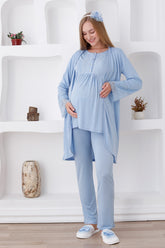 Lace Sleeve 3-Pieces Maternity & Nursing Pajamas With Robe Blue - 3427